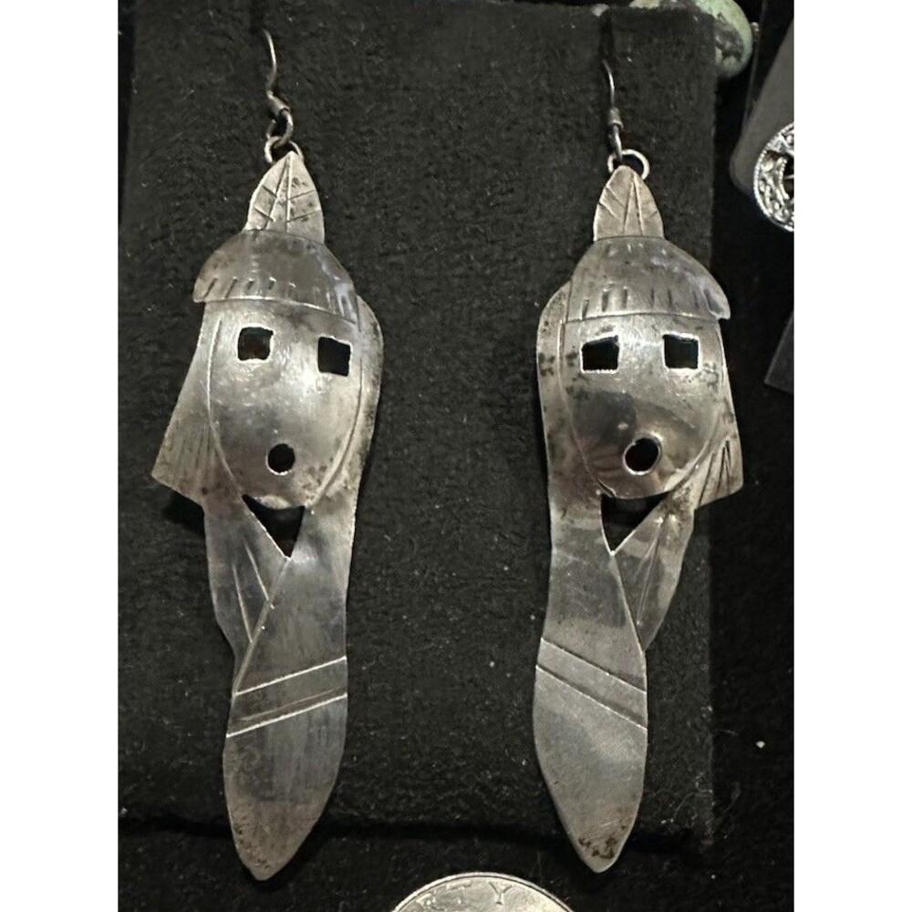 Vintage Navajo Maiden Sterling Silver Kachina Dancer Dangle Hook Earrings Native - Picture 3 of 8